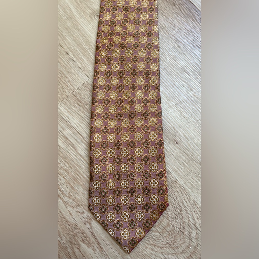 Vintage 100% silk men’s tie muted burgundy gold tan pattern Ezio